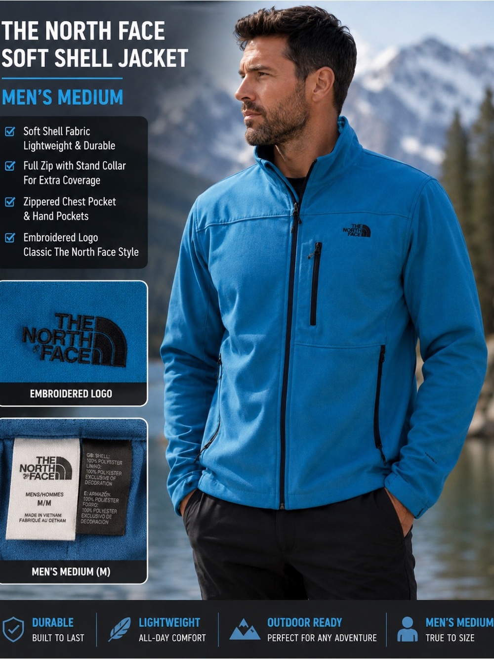 The North Face Men’s Blue Soft Shell Jacket - Lightweight Zip Front